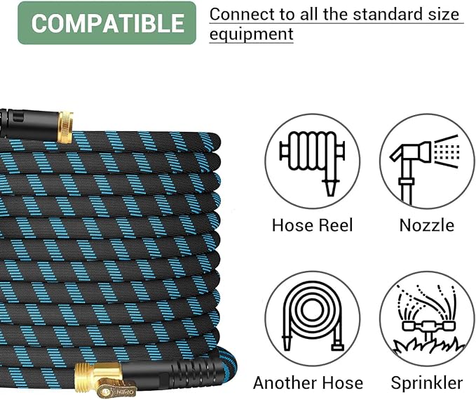 50Ft Non-Expandable Garden Hose, Flexible Water Hose with 10-Pattern Spray Nozzle, Lightweight Hose Pipe, Kink-Free, Leak-Proof, 3/4" Solid Metal Fittings
