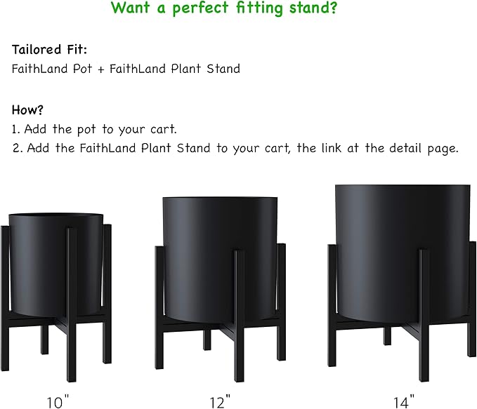 FaithLand Plant Pot 12 inch - Perfectly Fits Mid-Century Modern Plant Stand - Drainage Plug and Drainage Mesh Screen - Matte Black