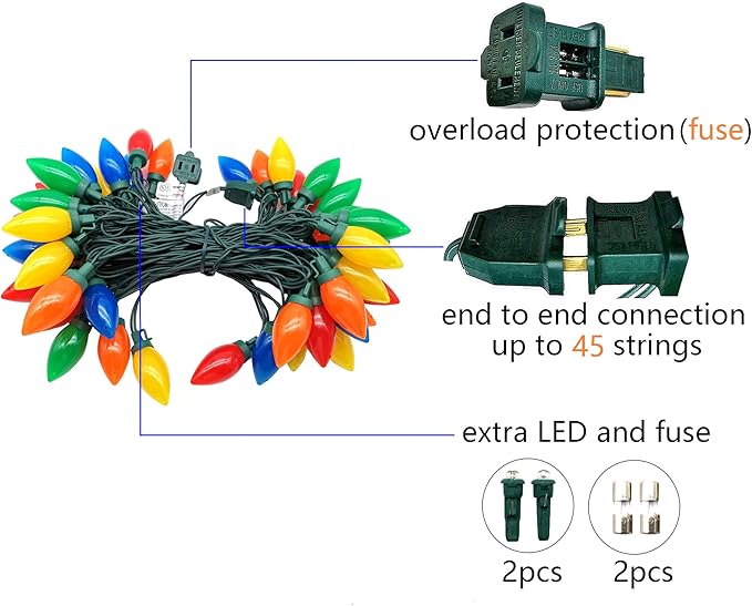 C9 Christmas Lights Outdoor 50 LED Multicolor Strawberry 34.5ft Waterproof Xmas String Light for Garden Yard Home Party Holiday Christmas Tree Indoor Decoration(Multicolor)