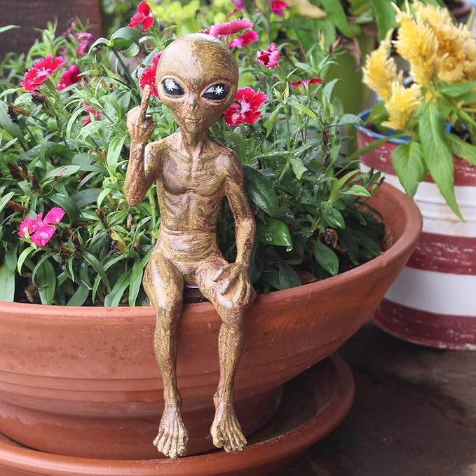 John Bernard & Company Rude Alien Statue “Flipping The Bird” 10″ H Shelf Sitter Extraterrestrial Figurine Funny Home or Garden Decoration (Starlight Bronze)…