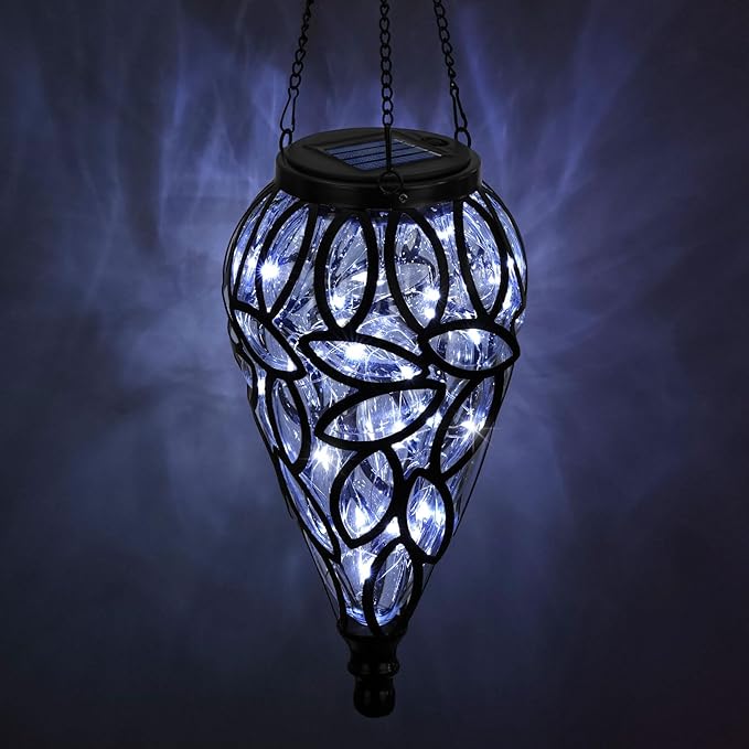 Solar Hanging Lantern Outdoor Lights, Tear-Shaped 15 LEDs Cool White Hanging Lights with S Hooks Decor in Garden, Yard, Pathway, Front Door and Landscape