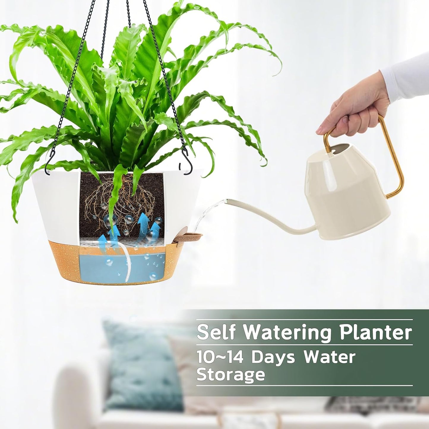 ZMTECH 12 Inch Hanging Planters for Indoor, 2 Pack Large Hanging Plant Pot with Visible Water Level and Chain, Self Watering Hanging Flower Pot for Outdoor Garden Porch(12Inch, White)