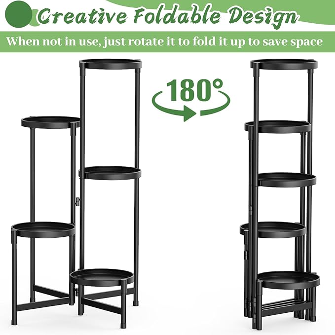 MOKANI Metal Plant Stand Indoor Outdoor for Multiple Plants, 5 Tiered Folding Corner Shelf Tall Flower Pot Holder Display Rack for Patio Living Room Balcony Garden, Black