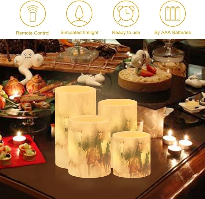 Vintage Running Horse Outdoor Waterproof LED Candles Battery Operated Set of 4 with Timer Remote Colour Changing Pillar Candles for Fall Halloween Decor