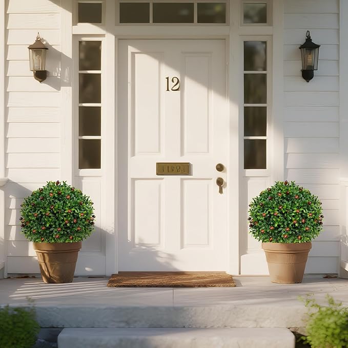 Artificial Olive Topiary Ball Trees with Ground Spike, Set of 2 UV Resistant Artificial Shrubs, Fake Evergreen Artificial Plant Bushes for Indoor Outdoor Front Porch Garden