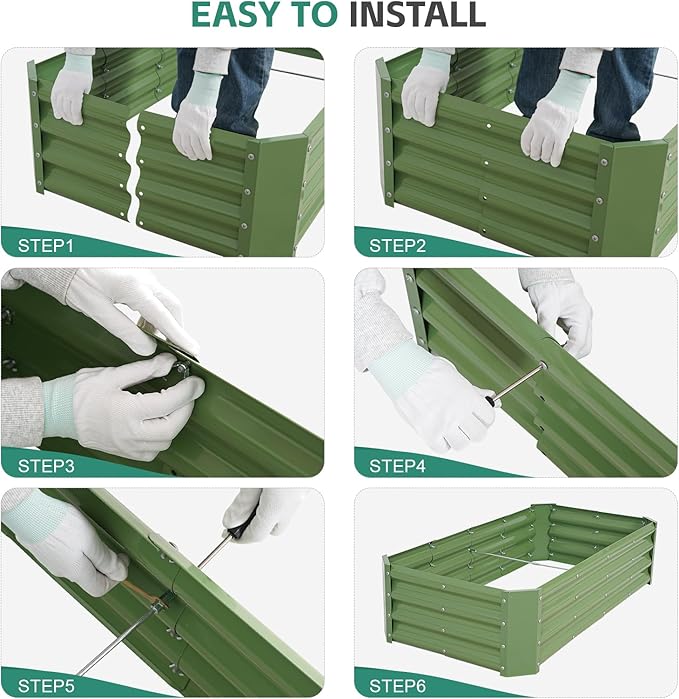 Galvanized Raised Garden Bed - 4x2x1ft Metal Garden Planter Box Outdoor | Steel Raised Bed Kit with Bracing Rods, Gloves for Gardening Vegetables Fruits and Flowers (Oliver Green)