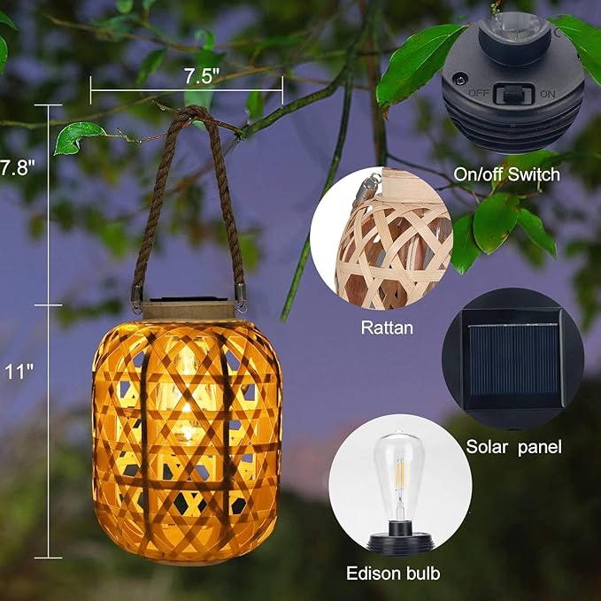 Rattan Solar Lanterns Outdoor,Hanging Solar Lights Waterproof,Boho Country Decor Solar Table Light Decoration for Garden,Yard,Patio,Porch,Trees,Lawn,Pathway