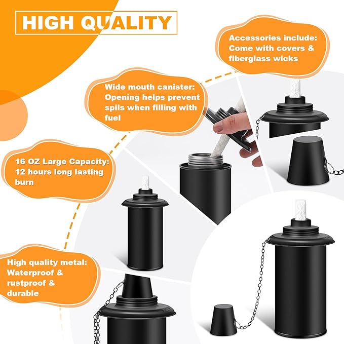 4 Pack Torch Canisters,16oz Replacement Torch Refillable Canisters with Wicks,Caps, Outdoor Citronella Fuel Torch Canister for Luau Party, DIY Garden Decor.