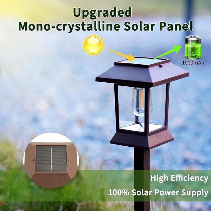 Solar Pathway Lights Outdoor Waterproof IP65, Brown Solar Lights Outdoor with Hook 6PK, Upgraded 1000mAH Battery, Up to 12Hrs, Auto On/Off, Garden Decor for Yard, Driveway, Walkway (Bulb)