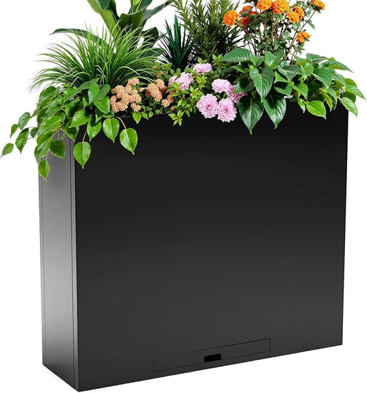 KOL Galvanized Steel Planter Box, with Insert Tray Drainage Holes, Rectangular Black Powder Coated Metal Planter, Outdoor Use, Heavy Duty Modern Flower Pot (Black, 36" H x 11" W x 32" L)