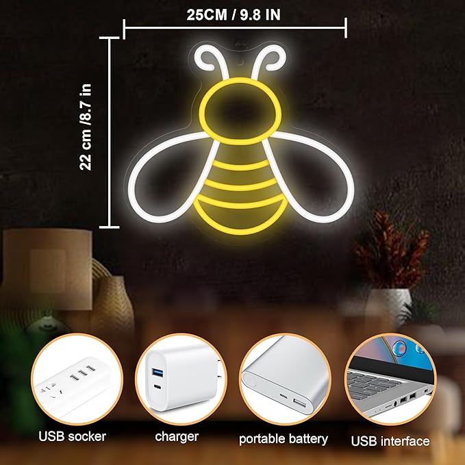 Bee Neon Sign - Dimmable Honey Neon Light Wall Decor, Birthday Party Decorations for Home, Patio, Garden, Bars, Hotels, Stores - Gift for Friends, Family, and Kids