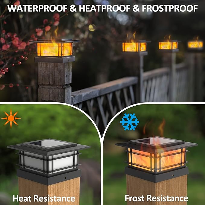 Dynaming 2 Pack Solar Flame Post Lights Outdoor, Solar Powered Fence Post Cap Lights, High Brightness Flickering Flame SMD LED Lighting Decor for Garden Deck Patio, 4x4, 5x5 or 6x6 Vinyl/Wooden Posts