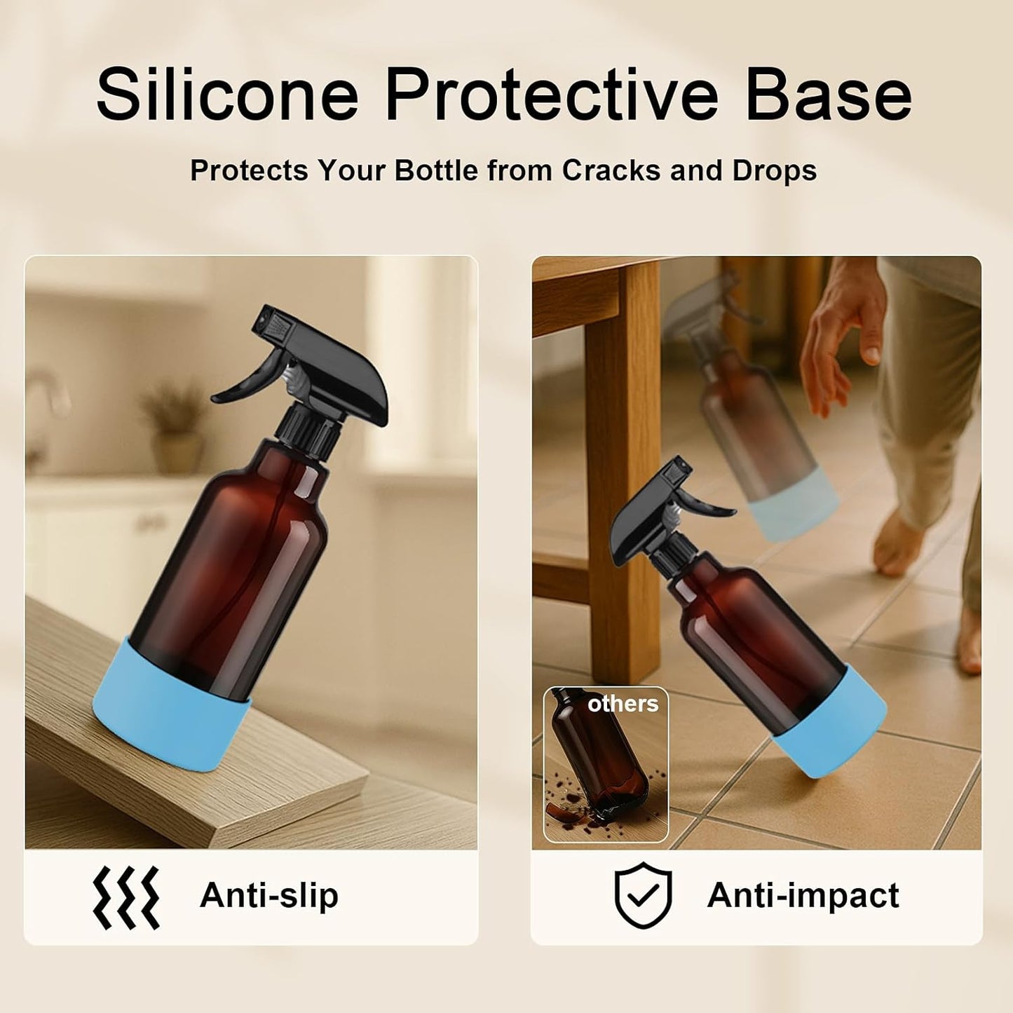 Glass Spray Bottles with Silicone Sleeve 16.9oz 2 Pack Empty Spray Bottle for Hair Mist/Stream Spraying for Cleaning Solutions, Plants, Essential Oils (Brown-sblue&black)