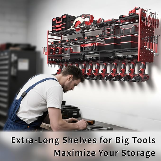 Power Tool Organizer Wall Mount with 12 Drills Holder, 49" Heavy Duty 4-Tier Power Tool Storage Rack, DIY Pegboard Side Panels,4 Long Hooks, Garage Metal Tool Shelf for Battery,Drills