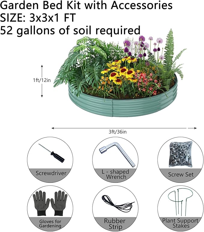 Galvanized Metal Planter Round Raised Garden Bed Kit for Gardening Outdoor，3x3x1ft Grow Garden Box Raised Flower Bed，Round Galvanized Planter Outdoor Large Metal Fire Pit Ring