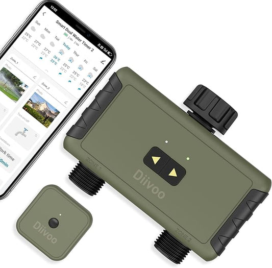 WiFi Sprinkler Timer 2 Zone, Diivoo Smart Water Timer for Garden Hose, Wireless Remote Control Irrigation System with Wi-Fi Hub, Rain Delay and Manual Watering, Leakproof for Yard Lawn Watering