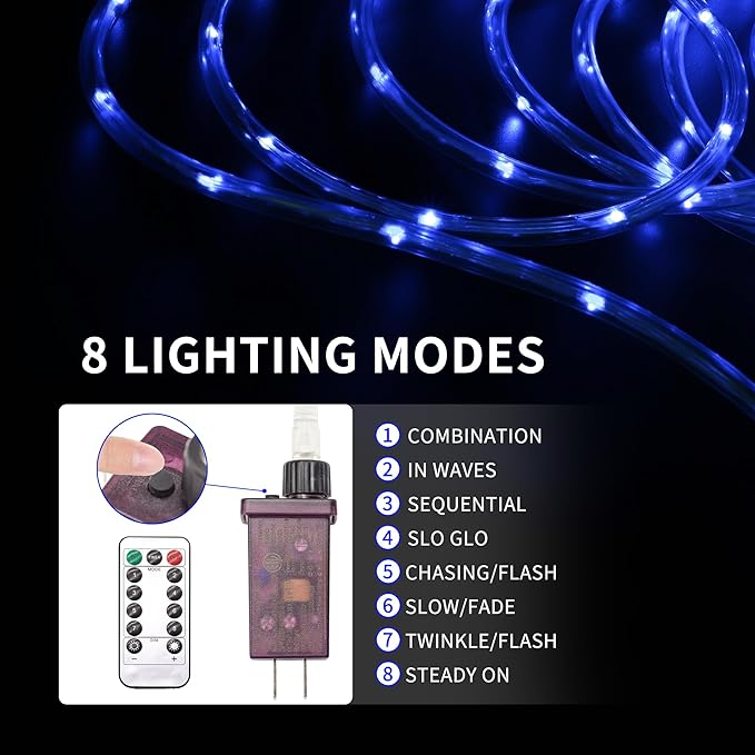 LED Rope Lights for Outside, 20Ft 360°Blue Solar Rope Lights Outdoor Waterproof, 86 LEDs 110V 8 Modes Remote Control Timer Christmas Rope Lights for Party Holiday Garden Decoration (Blue)