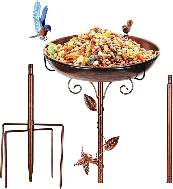 Metal Bird Bath for Outside with 2 Bird Decor, Hummingbird on Pole & Sparrow on Bowl, 38.5 Inch Height Garden Birdbath, 12 Inch Antique Bronze Freestanding Birdfeeder Bath for Yard Patio