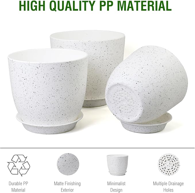 9/8/7.5 inch Flower Pots, Set of 3 Modern Decorative Plastic Planters with Drainage Holes and Saucers for Garden House Plants, Plant Pots for Indoor Outdoor Plants, Speckled White