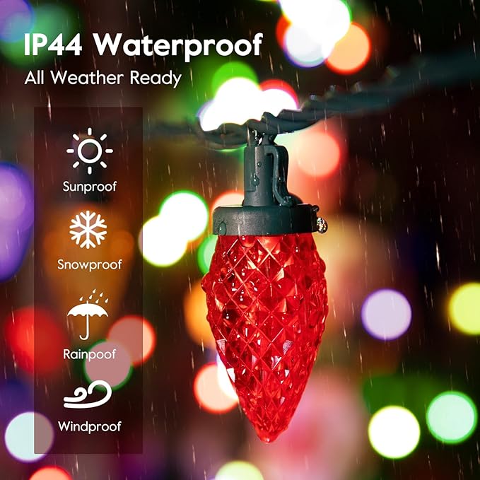 Brightown C9 LED Christmas String Lights, 66ft 100 LED Waterproof Strawberry String Lights, Plug-in Extendable Green Wire Lights String for Outdoor Outside Patio Party Decoration, Red and Warm White