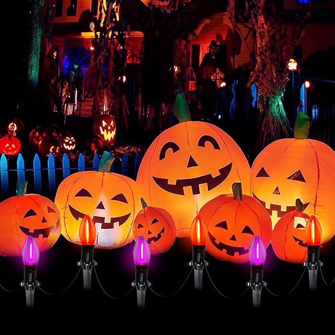 C9 LED Halloween Pathway Lights,10Pcs C9 Orange & Dark Purple Light Bulbs Stake Lights with 10 Stakes, Connectable Outdoor Pathway Markers Lights for Halloween Holiday Walkway Party Driveway Decor