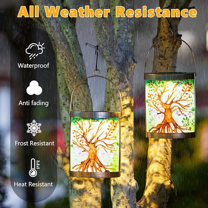 2 Pack Tree of Life Solar Lanterns Outdoor Waterproof, Hanging LED Solar Lantern for Tabletop Garden Yard Patio Decoration