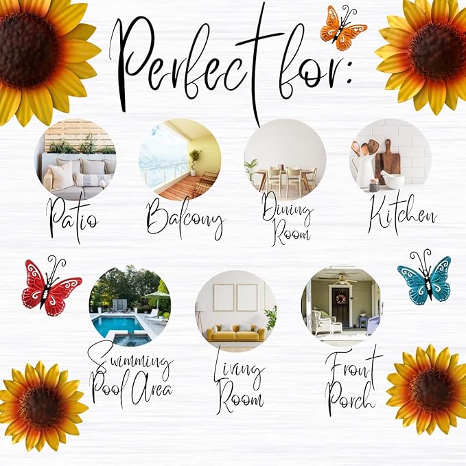 INNOBOUTIQUE Sunflower Wall Decor - Patio Sunflower Kitchen Decor Flower Wall Decor Outdoor Metal Wall Art Metal Flowers, Butterfly Decor 7 pieces