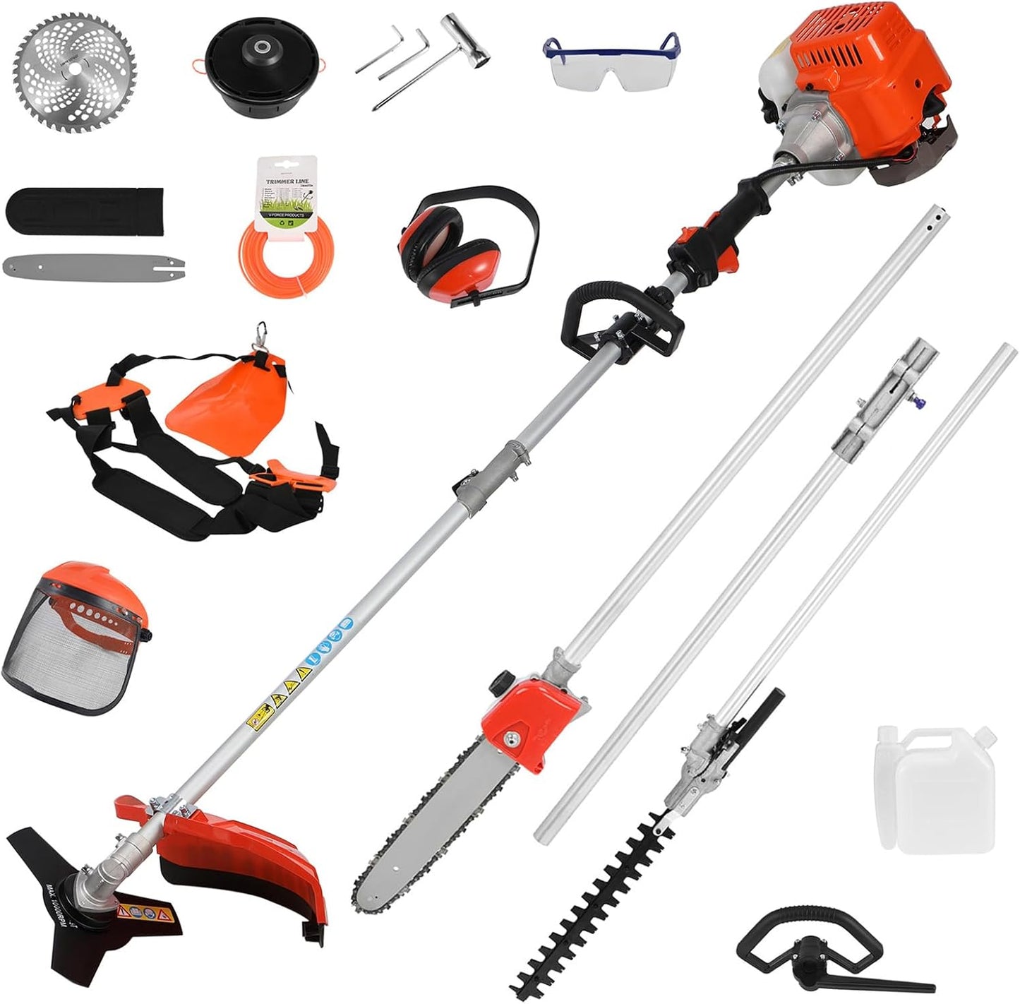 5 in 1Gas Weed Wacker，62cc 2 Stroke Full-Functional Petrol Hedge Trimmer,Gas Weed Eater,Grass Cutter Machine,Straight Shaft Grass Trimmer Cordless for Gardening (Orange)