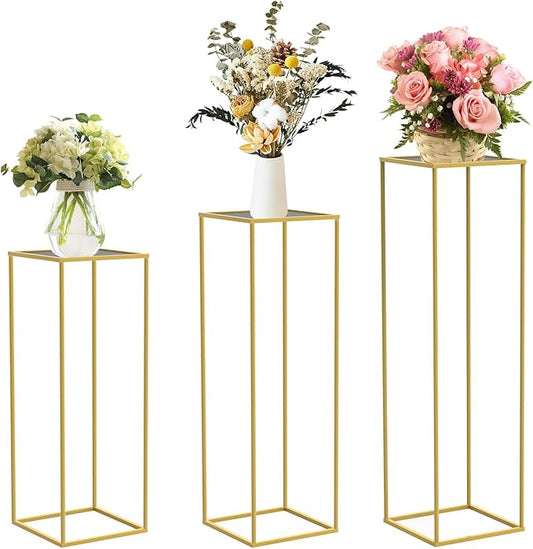 chamvis Gold Metal Plant Stand, 3 Pcs Tall Cylinder Pedestal Stands for Parties and Weddings, Gold Square Cylinder Tables for Living Room and Patio Decor