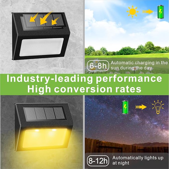 XLUX Solar Lights for Steps Decks Pathway Yard Stairs Fences, LED lamp, Rainproof, Black Metal Housing, 6 Pack