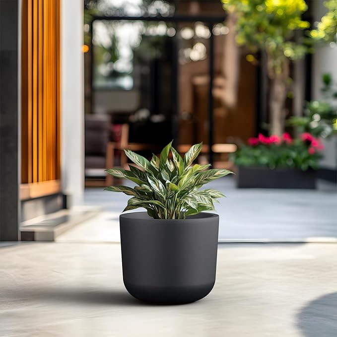 Kante Round Concrete Planter, 13.2 Inch Dia Classic Style Large Plant Pot with Drainage Hole for Indoor & Outdoor Plants, Ideal for Home, Patio, Garden, Black