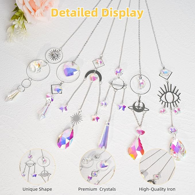 Sun Catchers 6Pieces Colorful Crystals Suncatcher with Chain Pendant Ornaments Hanging Crystals Prism Rainbow for Window Home Indoor Outdoor Car Mirror Garden Christmas Day Party Wedding Decoration