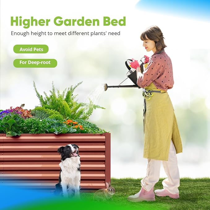 Quictent Galvanized Raised Garden Bed Metal Planter Box Bottomless for Backyard Outdoor, Include 1 pc Tomato Cage, Terracotta, 6x3x2 Ft