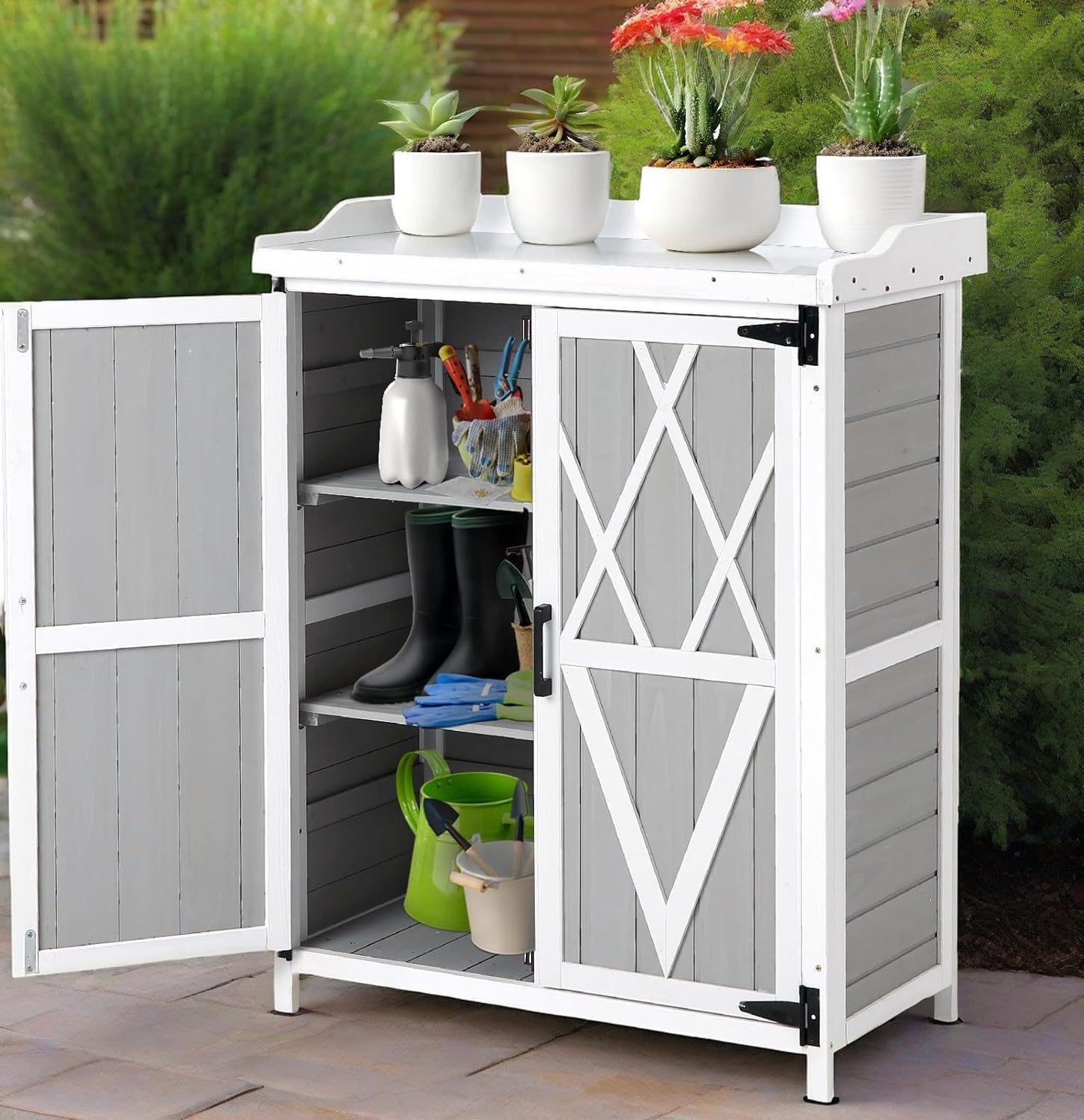 Outdoor Cabinet with Metal Tabletop Garden Potting Bench Table - Outdoor Garden Patio Wooden Storage Cabinet with Adjustable Shelf, Wooden Storage Cabinets, Weatherproof for Garden Patio Lawn