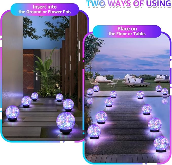 2-Pack Garden Solar Lights Outdoor, Colored Cracked Glass Ball Light Waterproof, Decorative Solar Powered Globe Lighting Multicolor for Yard