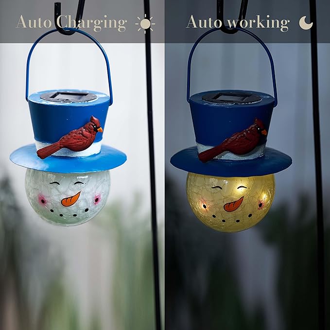 TERESA'S COLLECTIONS Outdoor Christmas Decorations for House, 36'' Snowman Glass Solar Lantern Stake with Blue Cardinal Hat, Xmas Grinch Solar Christmas Lights for Garden Party Decor