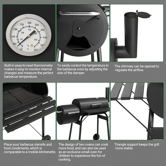 Outvita Outdoor BBQ Charcoal Grill, Portable Camping Grill for 6-10 People with Offset Smoker & Wheels for Patio Backyard Picnic