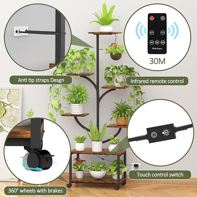 Plant Stand Indoor with Grow Lights, 60" Tall 7-Tier Metal Plant Stand with Wheels & Tree-Shaped Design for Indoor Plants, Flower Holder Display Rack for Home, Patio - Black