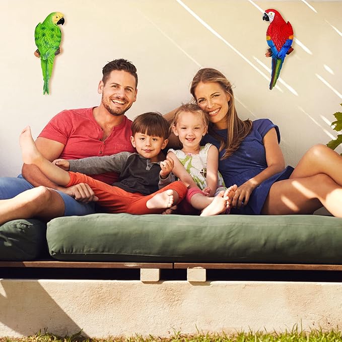 2 Pieces Parrot Decor Outdoor Tiki Bar Decorations Large Realistic Parrot Statues for Outside Lifelike Bird Sculptures Garden Patio Yard Lawn Figurines for Tropical Animal Tree Wall (Green, Red)