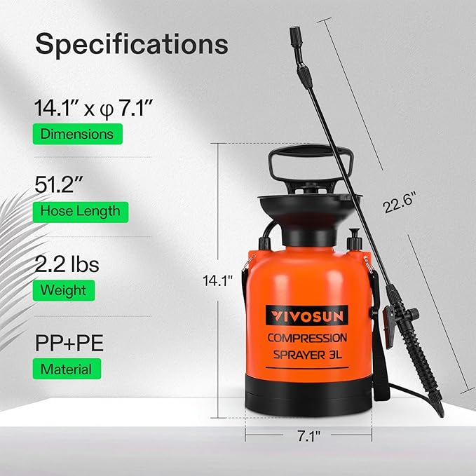 VIVOSUN 0.8-Gallon Pump Pressure Sprayer, Pressurized Lawn & Garden Water Spray Bottle with Adjustable Shoulder Strap, for Spraying Plants, Garden Watering and Household Cleaning