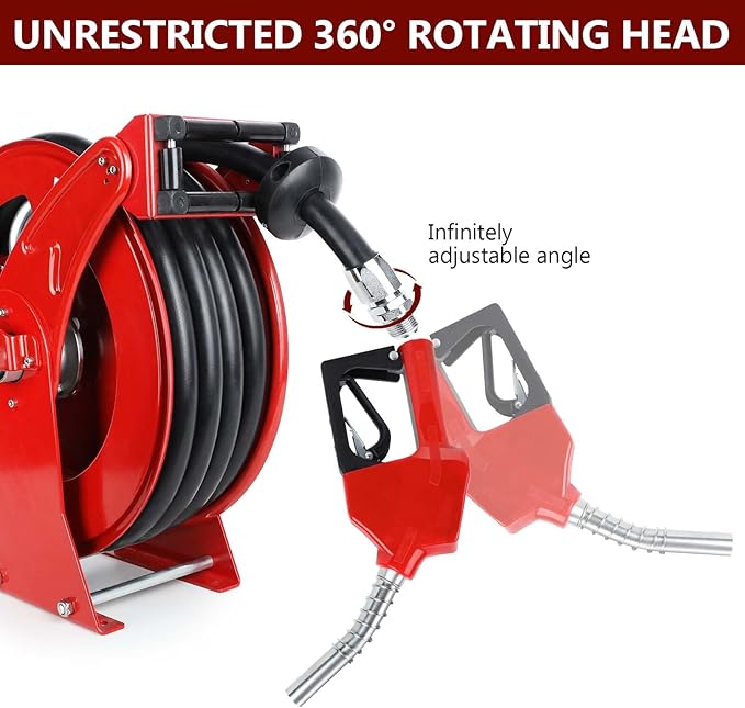 Fuel Hose Reel with Fueling Nozzle, 3/4" x 50FT Retractable Diesel Hose Reel, 300 PSI Industrial Heavy Duty Auto Swivel Rewind Hose Holder Reels, for Vehicle Tank Truck Trailer Ship