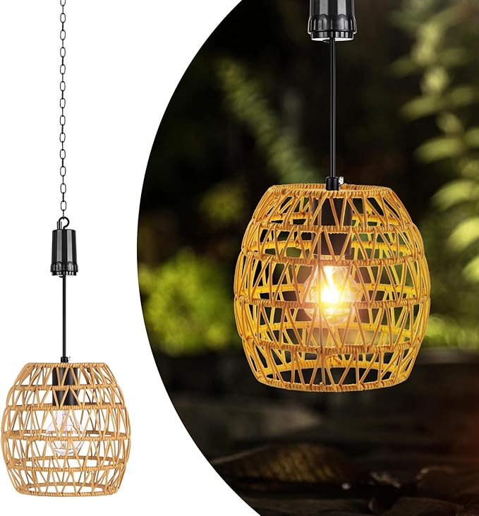 Battery Operated Outdoor Hanging Light with 6 Hours Timer, Outdoor Indoor Pendant Chandelier Rattan Lantern Waterproof Lamp Edison Bulb Lights for Gazebo Porch Garden Patio Home Decoration