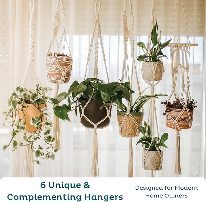 Nook Theory 6-Pack Macrame Plant Hanger - 12 Ceiling Hooks - Plant Hanger Indoor - Hanging Plant Holder - Hanging Planters for Indoor Plants - Boho Plant Hanger - Plant Hangers Indoor (Cream)