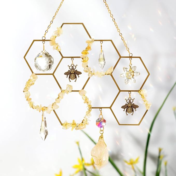 Tuitessine Crystals Suncatcher Window Hanging Bumble Bee Decor Honeycomb Light with Crystal Glass Prisms Hive for Home Indoor Outdoor Catcher Garden Ornament Christmas Birthday Gift Ideas