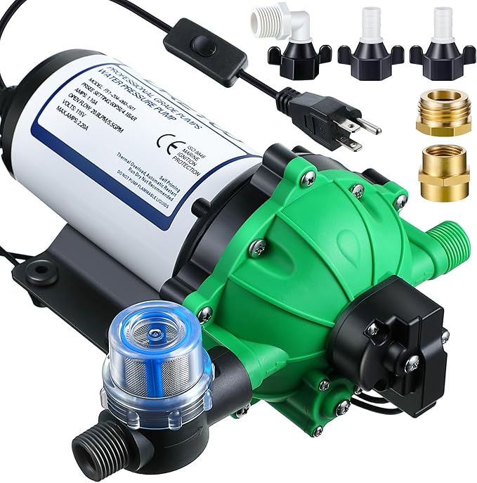 Dreyoo Water Diaphragm Pump, 115V AC, 5.5 GPM, 60 PSI Rated Pressure, 1/2" Threaded MNPT Self Priming Diaphragm Pressure Pump with Pressure Switch for Home, RV, Garden Agricultural Irrigation (Green)