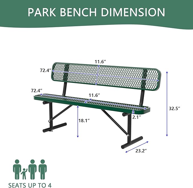 4/6/8 Feet Park Bench for Outside Heavy Duty Metal, Garden Benches Outdoor Bench with Backrest & Portable Frame, for Shopping Malls Stores Parks Patios Decks, Green