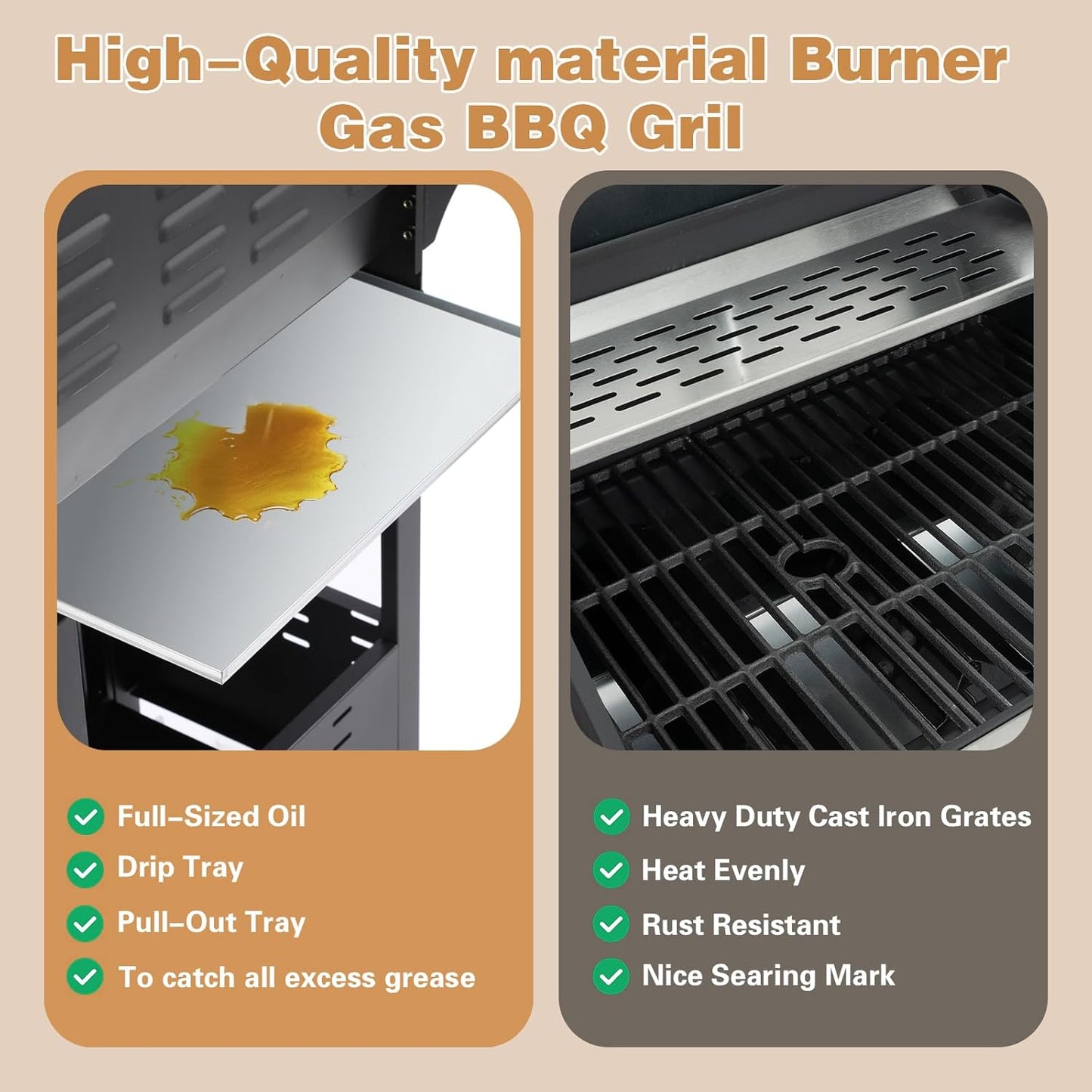 Endark 3-burner propane gas grill | 37,000 BTU stainless steel with side-fire function | with enameled cast iron grate, thermometer and side stand wheels | great for patio and garden outdoor cooking