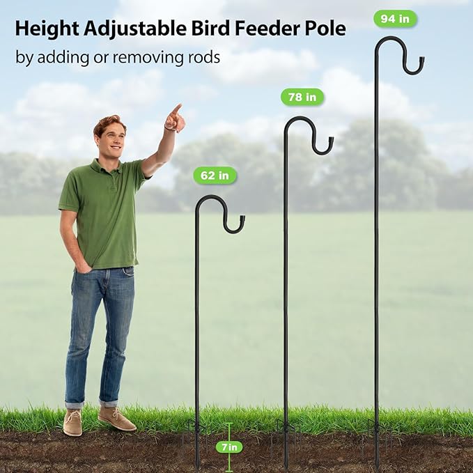 Shepherds Hooks, 94" Bird Feeder Pole for Outdoor, 4/5” Thick Hummingbird Feeders Stand Heavy Duty, Hanging Plant Hanger Stake with 5-Prong Base, Metal Shepard Stick