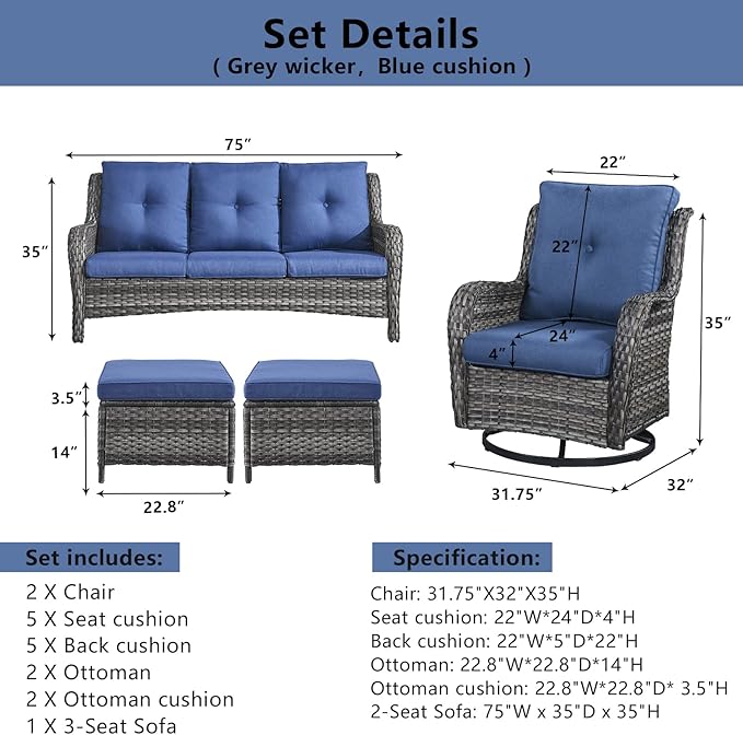 5 Piece Outdoor Patio Furniture Set - Wicker Furniture Patio Conversation Set, Outdoor Swivel Rocker Chairs with 3-Seater Sofa and 2 Ottomans for Small Space, Blue Cushion
