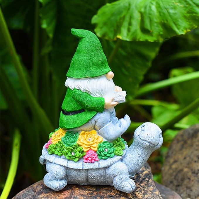 Solar Garden Outdoor Statues Turtle Gnome Outdoor Figurine Lights with Gnome Reading Book Garden Accessories Tortoise Statue Lawn Decor for Patio Balcony Yard Ornament Art Housewarming Gifts